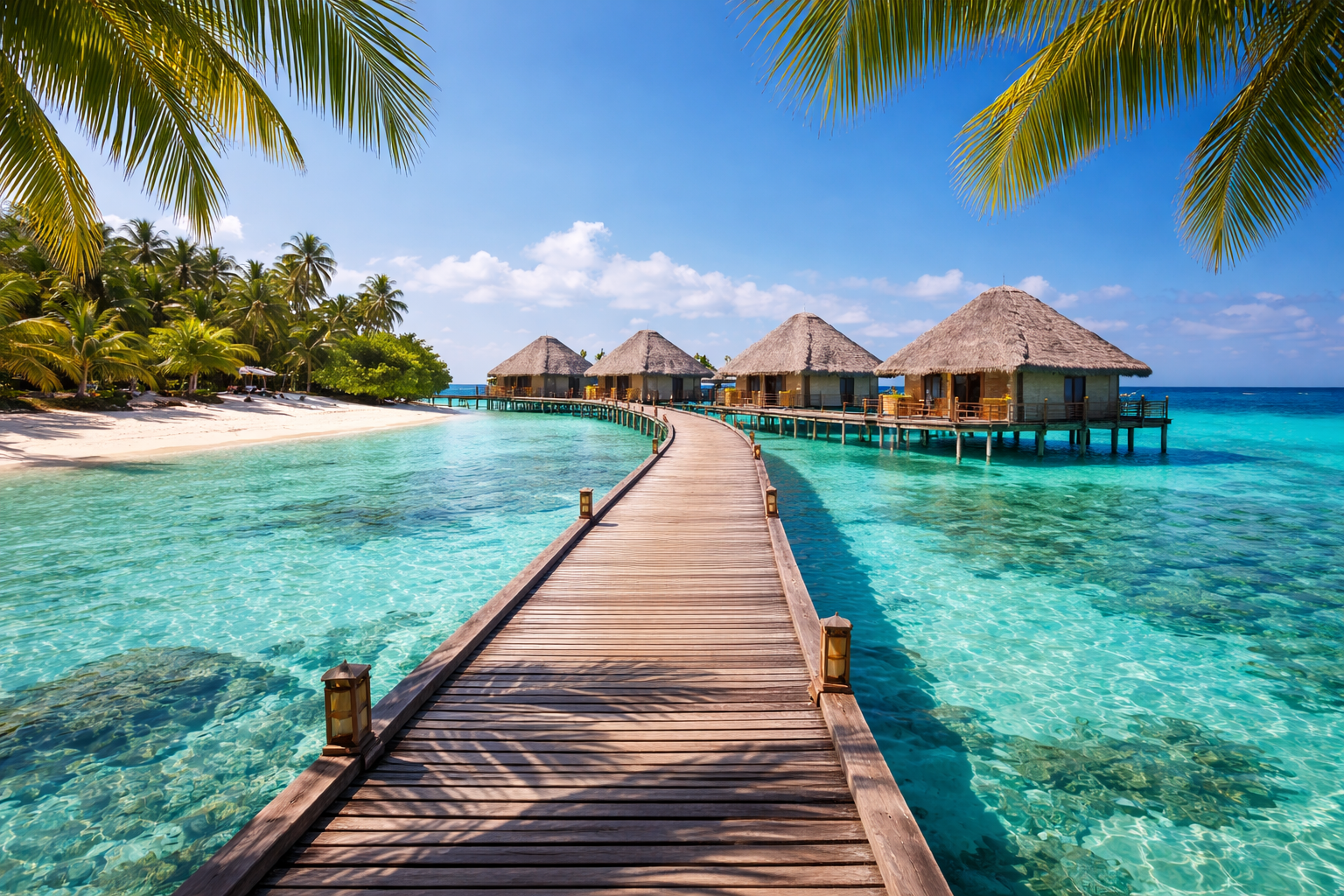 Overwater bungalows over crystal-clear turquoise water