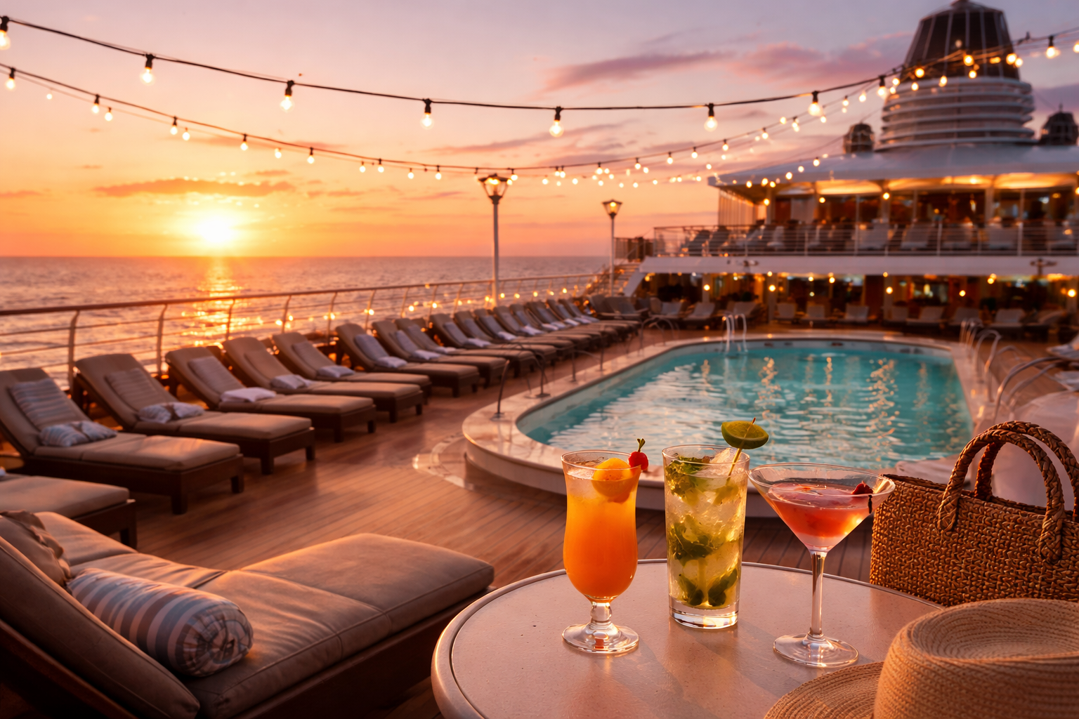 Cruise ship pool deck at sunset with string lights