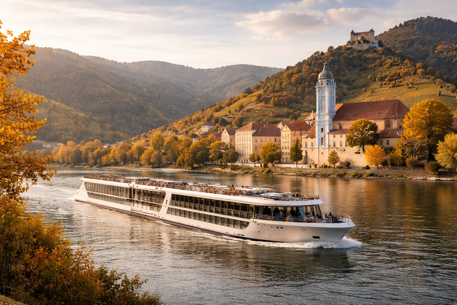 River cruise ship on the Danube passing a European village